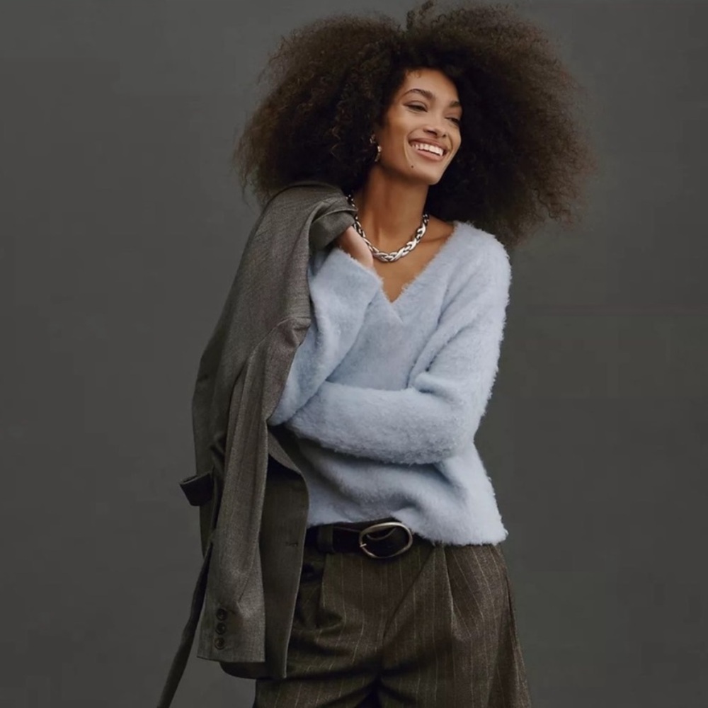 Maeve by Anthropologie Soft V-Neck Fuzzy Sweater in Light Blue, XS NWT